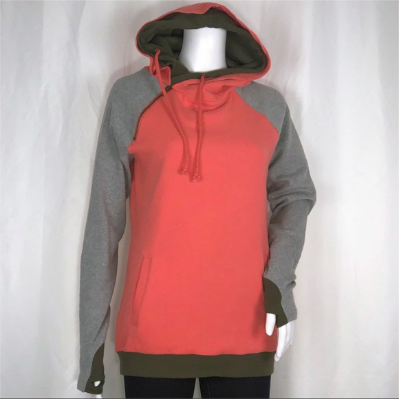 Ampersand Ave Coral Gray & Olive Colorblock Zipper Drawstring Double Hoodie SzXS - Picture 1 of 16